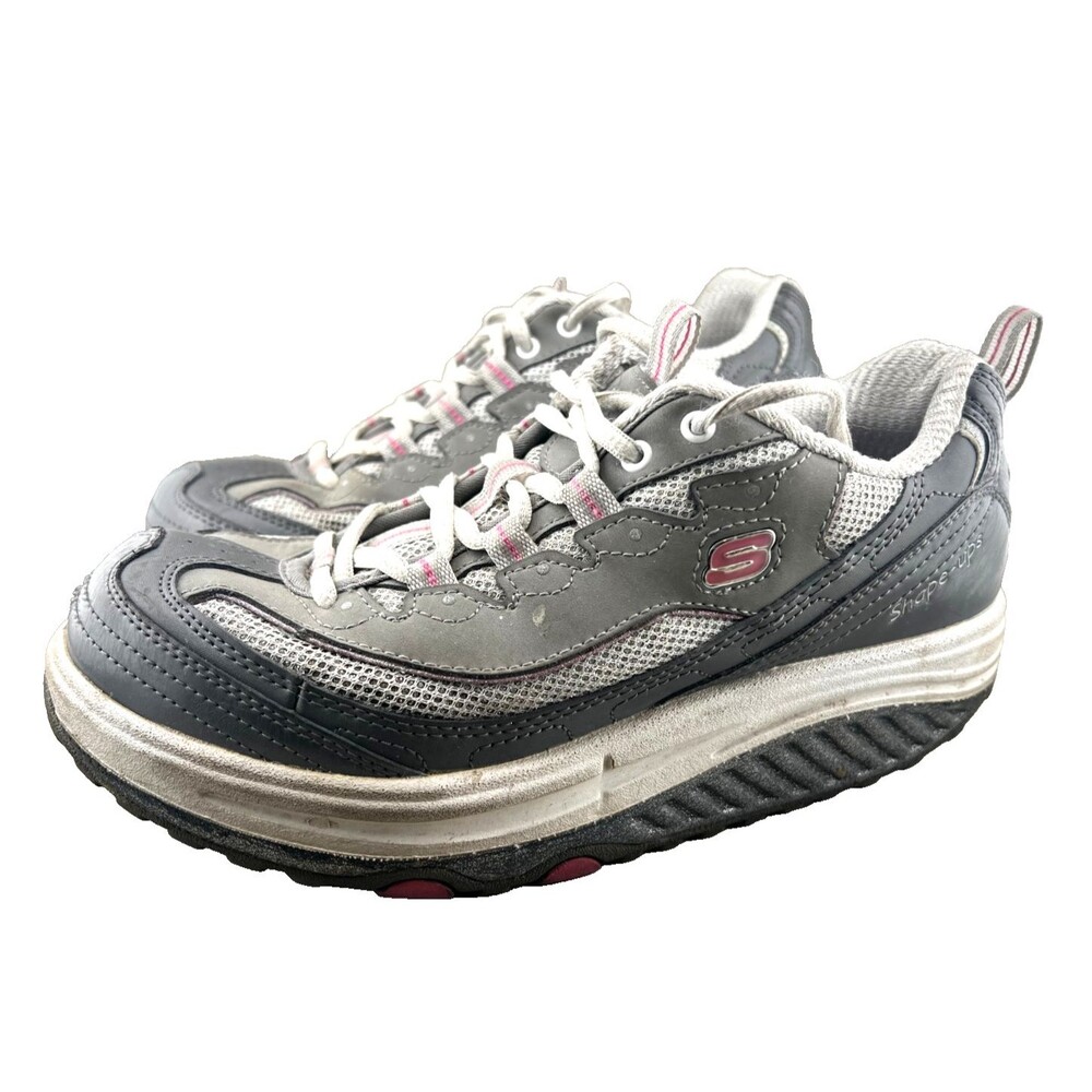 Skechers Shape-Ups Women's 8 Toning Walking Shoes Grey Pink Leather Sneakers